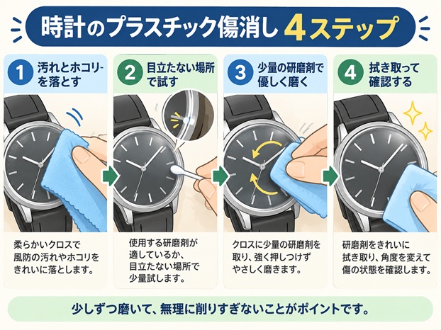 時計のプラスチック傷を消す手順