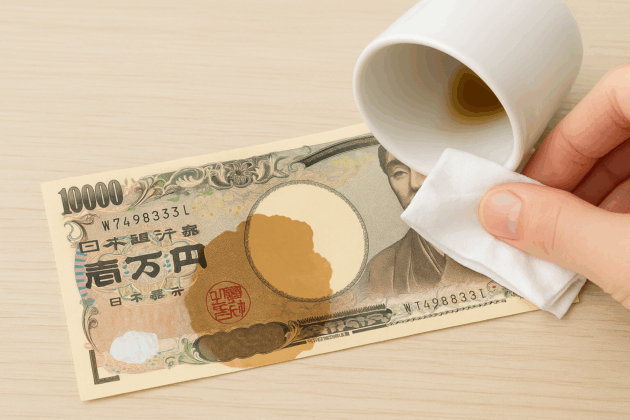 コーヒーこぼした！お札を救う3つの方法｜濡れた・汚れた・変色も対処OK